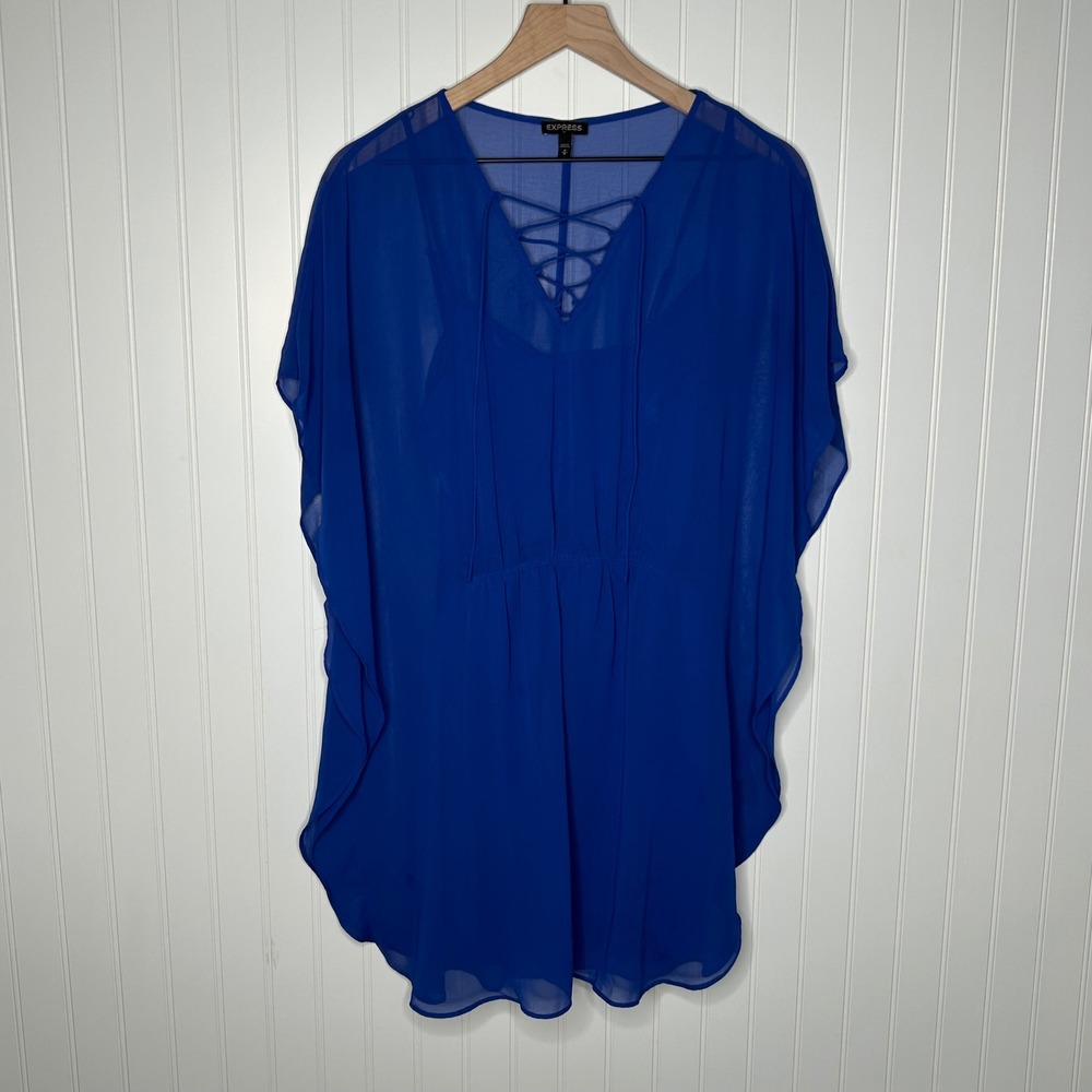 Express Royal Blue Lace Up Chiffon Kaftan Mini Dress Womens Medium Sheer Boho